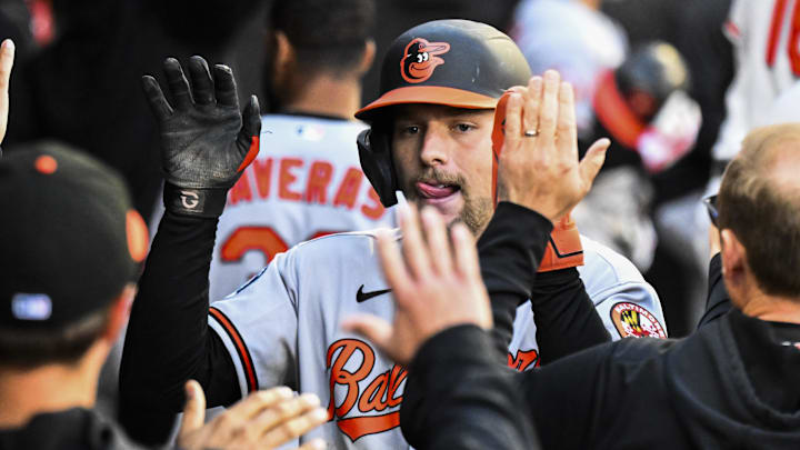 Apr 8, 2026; Chicago, Illinois, USA;  Baltimore Orioles shortstop Gunnar Henderson (2) celebrates in the dugout after scoring during the ninth inning against the Chicago White Sox at Rate Field. Mandatory Credit: Matt Marton-Imagn Images