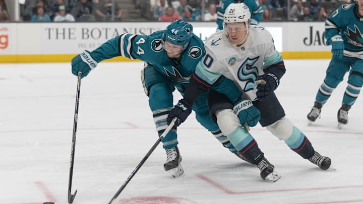 Apr 1, 2024; San Jose, California, USA;  San Jose Sharks defenseman Marc-Edouard Vlasic (44) defends