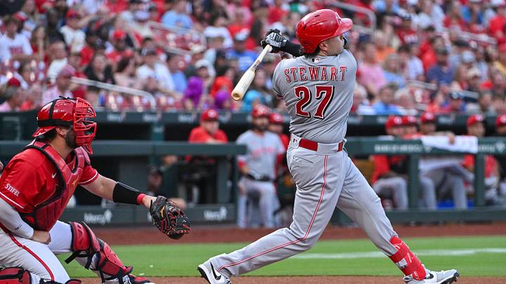 Jun 5, 2026; St. Louis, Missouri, USA; Cincinnati Reds first baseman Sal Stewart (27) hits a two run double against the St. Louis Cardinals during the first inning at Busch Stadium. Mandatory Credit: Jeff Curry-Imagn Images Jun 5, 2026; St. Louis, Missouri, USA; Cincinnati Reds first baseman Sal Stewart (27) hits a two run double against the St. Louis Cardinals during the first inning at Busch Stadium. Mandatory Credit: Jeff Curry-Imagn Images