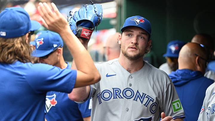 Jul 29, 2026; Washington, District of Columbia, USA; Toronto Blue Jays pitcher Trey Yesavage (39) is congratulated by teammates after leaving the game against the Washington Nationals during the seventh inning at Nationals Park. Mandatory Credit: Brad Mills-Imagn Images