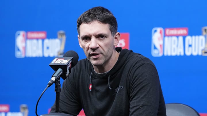 Dec 12, 2025; Las Vegas, NV, USA; Oklahoma City Thunder head coach Mark Daigneault at press conference prior to the Emirates Cup semifinals at T-Mobile Arena. Mandatory Credit: Kirby Lee-Imagn Images Dec 12, 2025; Las Vegas, NV, USA; Oklahoma City Thunder head coach Mark Daigneault at press conference prior to the Emirates Cup semifinals at T-Mobile Arena. Mandatory Credit: Kirby Lee-Imagn Images