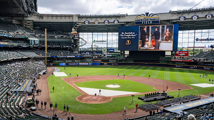 The field is seen displayed with Bob Uecker’s signature as fans gather for the Milwaukee Brewers' Bob Uecker Celebration of Life event on Sunday August 24, 2025 at American Family Field in Milwaukee, WI.