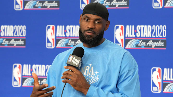Feb 15, 2026; Inglewood, California, USA; Los Angeles Lakers forward LeBron James (23) speaks in a press conference before the 75th NBA All-Star Game at Intuit Dome. Mandatory Credit: Kirby Lee-Imagn Images