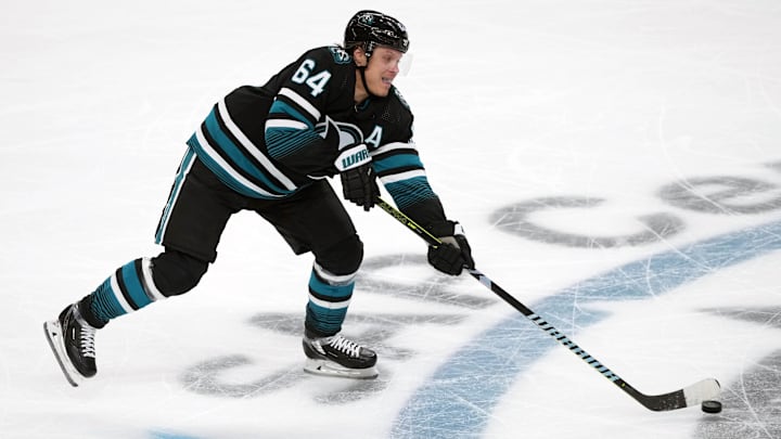 Feb 17, 2024; San Jose, California, USA; San Jose Sharks center Mikael Granlund (64) passes against