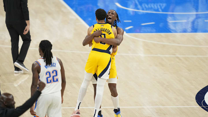 Jun 5, 2025; Oklahoma City, Oklahoma, USA; Indiana Pacers forward Aaron Nesmith (23) and guard Tyrese Haliburton (0) celebrate after a play against the Oklahoma City Thunder during the fourth quarter in game one of the 2025 NBA Finals at Paycom Center. Mandatory Credit: Kyle Terada-Imagn Images Jun 5, 2025; Oklahoma City, Oklahoma, USA; Indiana Pacers forward Aaron Nesmith (23) and guard Tyrese Haliburton (0) celebrate after a play against the Oklahoma City Thunder during the fourth quarter in game one of the 2025 NBA Finals at Paycom Center. Mandatory Credit: Kyle Terada-Imagn Images
