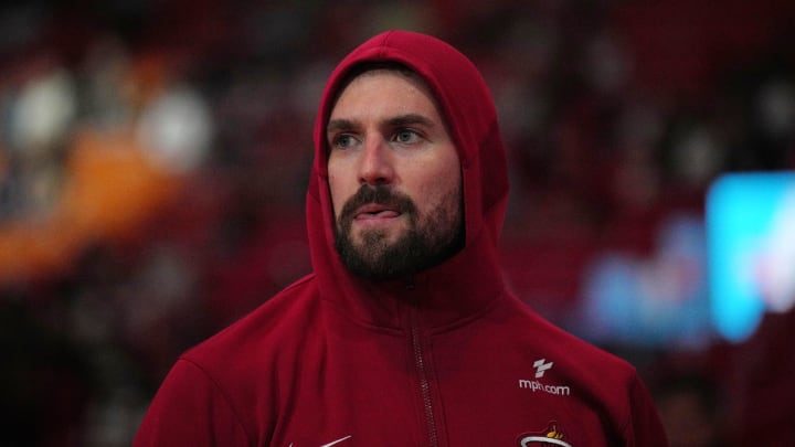 Apr 14, 2024; Miami, Florida, USA; Miami Heat forward Kevin Love (42) warms-up up before the start of the game against the Toronto Raptors at Kaseya Center. Mandatory Credit: Jim Rassol-USA TODAY Sports