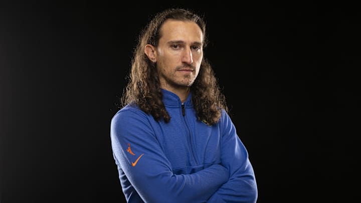 May 7, 2025; Arlington, TX, USA; Dallas Wings head coach Chris Koclanes poses for a photo during the 2025 Dallas Wings Media Day. Mandatory Credit: Jerome Miron-Imagn Images