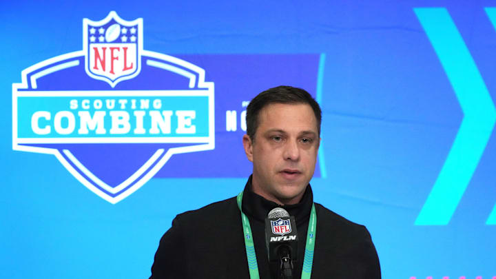 Feb 27, 2024; Indianapolis, IN, USA; Kansas City Chiefs general manager Brett Veach speaks during a press conference at the NFL Scouting Combine at Indiana Convention Center. Mandatory Credit: Kirby Lee-Imagn Images