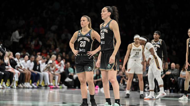 Apr 25, 2026; Brooklyn, NY, USA; New York Liberty guard Sabrina Ionescu (20) and forward Breanna Stewart (30) during the first half against the Indiana Fever at Barclays Center. Mandatory Credit: John Jones-Imagn Images
