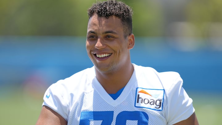Jun 1, 2022; Costa Mesa, CA, USA; Los Angeles Chargers tackle Rashawn Slater (70) during organized team activities at Hoag Performance Center. Mandatory Credit: Kirby Lee-USA TODAY Sports