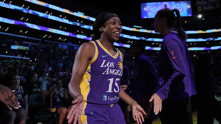 LA Sparks guard Aari McDonald (15) is introduced before the game against the Seattle Storm at Crypto.com Arena.