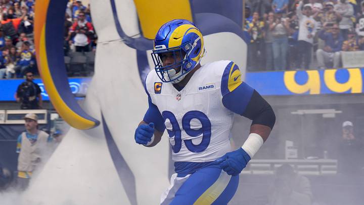 Dec 3, 2023; Inglewood, California, USA; Los Angeles Rams defensive tackle Aaron Donald (99) enters the field before the game against the Cleveland Browns at SoFi Stadium. Mandatory Credit: Kirby Lee-USA TODAY Sports Dec 3, 2023; Inglewood, California, USA; Los Angeles Rams defensive tackle Aaron Donald (99) enters the field before the game against the Cleveland Browns at SoFi Stadium. Mandatory Credit: Kirby Lee-USA TODAY Sports