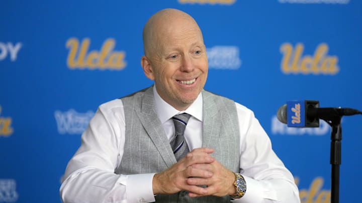 Nov 15, 2024; Los Angeles, California, USA; UCLA Bruins head coach Mick Cronin reacts at a press conference after the game against the Lehigh Mountain Hawks at Pauley Pavilion presented by Wescom. Mandatory Credit: Kirby Lee-Imagn Images