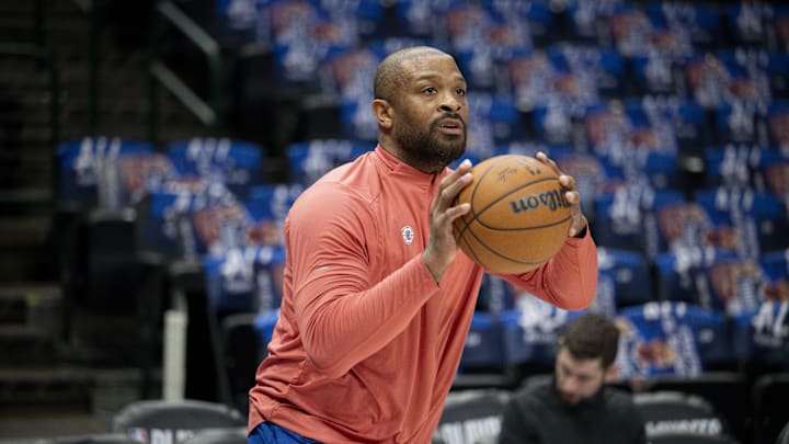May 3, 2024; Dallas, Texas, USA; LA Clippers forward P.J. Tucker (17) warms up before the game between the Dallas Mavericks and the LA Clippers in game six of the first round for the 2024 NBA playoffs at American Airlines Center. Mandatory Credit: Jerome Miron-Imagn Images