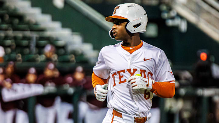 Texas freshman Anthony Pack Jr. walks to first base against the Mississippi State Bulldogs on May 1, 2026, at UFCU Disch-Falk Field in Austin, Texas. 