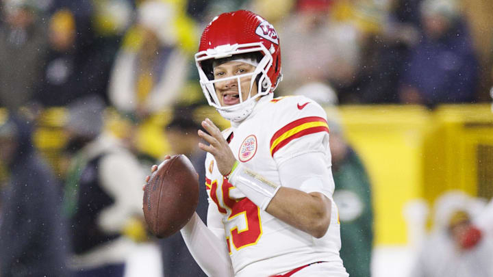 Dec 3, 2023; Green Bay, Wisconsin, USA;  Kansas City Chiefs quarterback Patrick Mahomes (15) throws a pass during warmups prior to the game against the Green Bay Packers at Lambeau Field. Mandatory Credit: Jeff Hanisch-Imagn Images