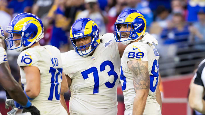 Nov 26, 2023; Glendale, Arizona, USA; Los Angeles Rams tight end Tyler Higbee (89) celebrates with