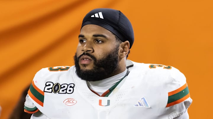 Jan 19, 2026; Miami Gardens, FL, USA; Miami Hurricanes defensive lineman Akheem Mesidor (3) against the Indiana Hoosiers during the College Football Playoff National Championship game at Hard Rock Stadium. Mandatory Credit: Mark J. Rebilas-Imagn Images