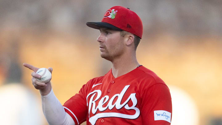 Mar 12, 2026; Phoenix, Arizona, USA; Cincinnati Reds second baseman Matt McLain against the Los Angeles Dodgers during a spring training game at Camelback Ranch-Glendale. Mandatory Credit: Mark J. Rebilas-Imagn Images Mar 12, 2026; Phoenix, Arizona, USA; Cincinnati Reds second baseman Matt McLain against the Los Angeles Dodgers during a spring training game at Camelback Ranch-Glendale. Mandatory Credit: Mark J. Rebilas-Imagn Images