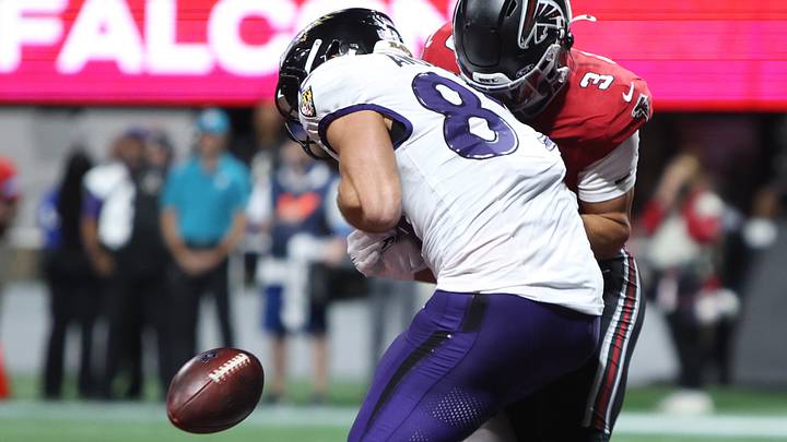 Oct 11, 2026; Atlanta, Georgia, USA; Atlanta Falcons safety Jessie Bates III (3) breaks up a two point conversion attempt during the third quarter Baltimore Ravens tight end Mark Andrews (89) at Mercedes-Benz Stadium. Mandatory Credit: Brett Davis-Imagn Images Oct 11, 2026; Atlanta, Georgia, USA; Atlanta Falcons safety Jessie Bates III (3) breaks up a two point conversion attempt during the third quarter Baltimore Ravens tight end Mark Andrews (89) at Mercedes-Benz Stadium. Mandatory Credit: Brett Davis-Imagn Images