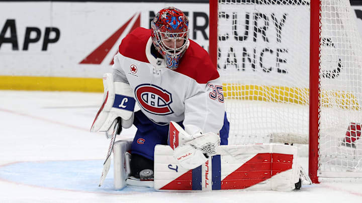 Mar 6, 2026; Anaheim, California, USA;  Montreal Canadiens goaltender Samuel Montembeault (35) makes a save during the second period against the Anaheim Ducks at Honda Center. Mandatory Credit: Kiyoshi Mio-Imagn Images