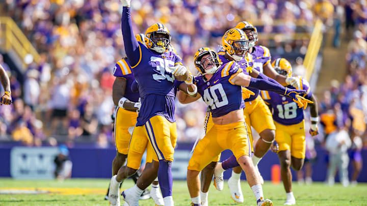 Tigers Saivion Jones 35 and Whit Weeks 40 celebrate after a fumble recovery as the LSU Tigers take on UCLA at Tiger Stadium in Baton Rouge, LA. Saturday, Sept. 21, 2024.