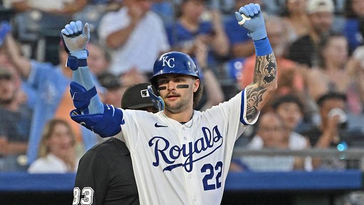 Sep 3, 2026; Kansas City, Missouri, USA; Kansas City Royals catcher Carter Jensen (22) reacts after hitting an RBI triple in the third inning against the Miami Marlins at Kauffman Stadium. Mandatory Credit: Peter Aiken-Imagn Images Sep 3, 2026; Kansas City, Missouri, USA; Kansas City Royals catcher Carter Jensen (22) reacts after hitting an RBI triple in the third inning against the Miami Marlins at Kauffman Stadium. Mandatory Credit: Peter Aiken-Imagn Images