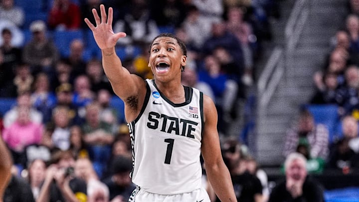 Michigan State guard Jeremy Fears Jr. (1) signals teammates before a play against Louisville during the second half of NCAA Tournament Second Round at KeyBank Center in Buffalo on Saturday, March 21, 2026.
