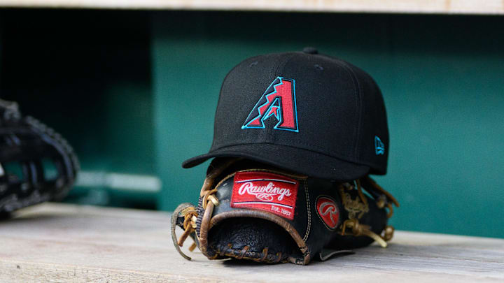 Apr 4, 2025; Washington, District of Columbia, USA; A detailed view of an Arizona Diamondbacks hat at the game between the Washington Nationals and the Arizona Diamondbacks at Nationals Park. Mandatory Credit: Reggie Hildred-Imagn Images
