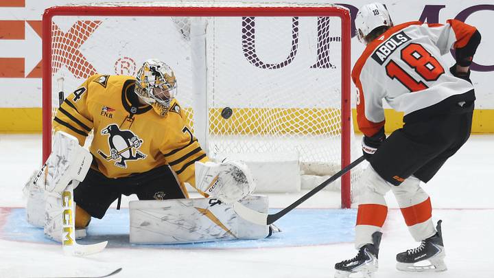 Jan 15, 2026; Pittsburgh, Pennsylvania, USA; Philadelphia Flyers center Rodrigo Abols (18) scores a goal against Pittsburgh Penguins goaltender Stuart Skinner (74) during the second period at PPG Paints Arena. Jan 15, 2026; Pittsburgh, Pennsylvania, USA; Philadelphia Flyers center Rodrigo Abols (18) scores a goal against Pittsburgh Penguins goaltender Stuart Skinner (74) during the second period at PPG Paints Arena.