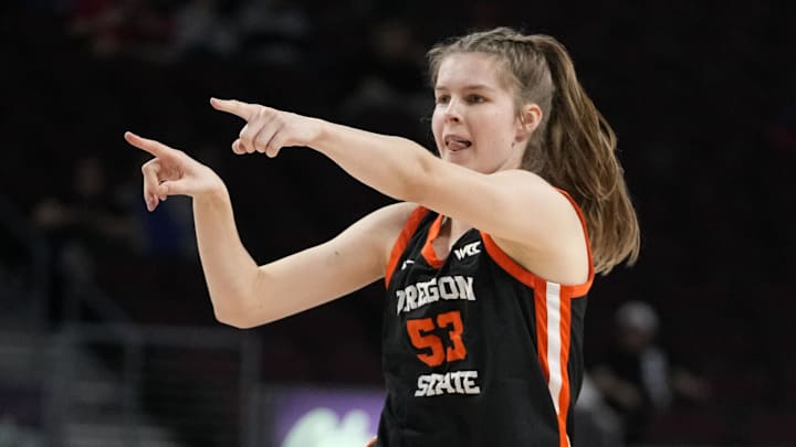 March 11, 2025; Las Vegas, NV, USA; Oregon State Beavers forward Kelsey Rees (53) celebrates against the Portland Pilots during the first half in the final of the West Coast Conference tournament at Orleans Arena. Mandatory Credit: Kyle Terada-Imagn Images