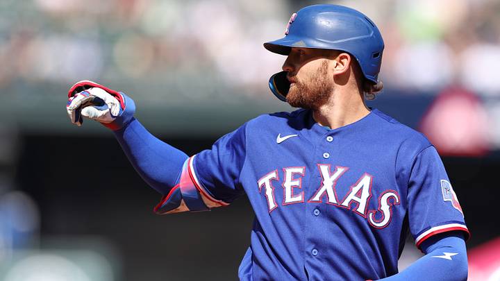 Texas Rangers right fielder Brandon Nimmo. Credit: Richard Dizon-Imagn Images