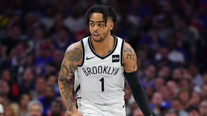 Apr 23, 2019; Philadelphia, PA, USA; Brooklyn Nets guard D'Angelo Russell (1) against the Philadelphia 76ers in game five of the first round of the 2019 NBA Playoffs at Wells Fargo Center. Mandatory Credit: Eric Hartline-Imagn Images