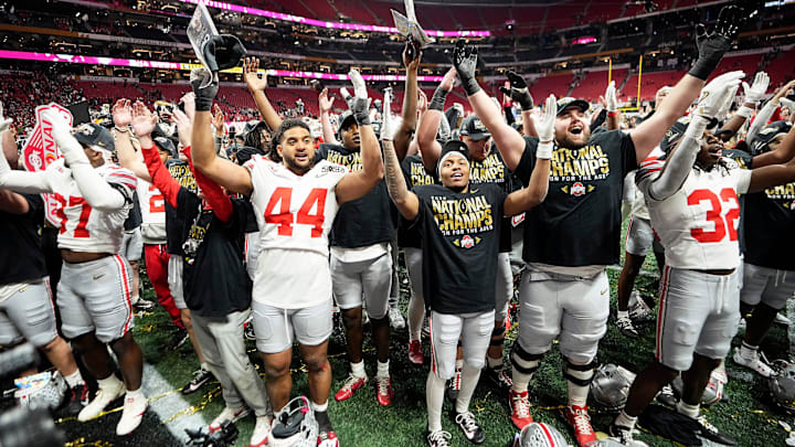 Ohio State Buckeyes celebrate their 34-23 win over Notre Dame Fighting Irish to win the College Football Playoff National Championship at Mercedes-Benz Stadium in Atlanta on January 20, 2025. Ohio State Buckeyes celebrate their 34-23 win over Notre Dame Fighting Irish to win the College Football Playoff National Championship at Mercedes-Benz Stadium in Atlanta on January 20, 2025.