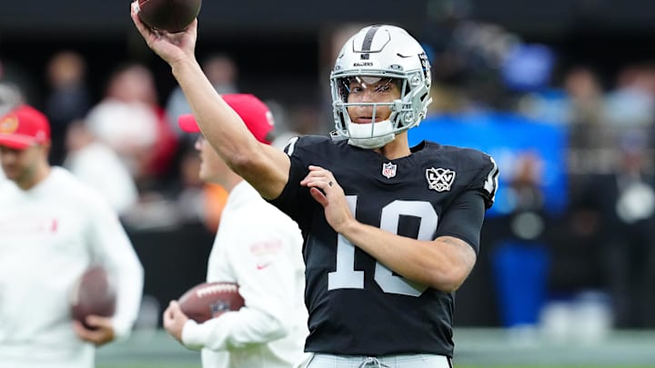 Oct 27, 2024; Paradise, Nevada, USA; Las Vegas Raiders quarterback Desmond Ridder (10) warms up before a game against the Las Vegas Raiders at Allegiant Stadium. Mandatory Credit: Stephen R. Sylvanie-Imagn Images