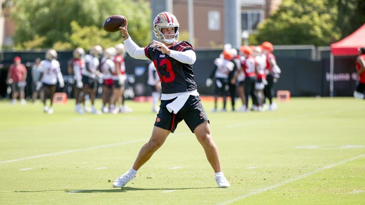 Jun 11, 2025; Santa Clara, CA, USA; San Francisco 49ers quarterback Brock Purdy (13) throws a pass during a team OTA at Levi's Stadium. Mandatory Credit: D. Ross Cameron-Imagn Images