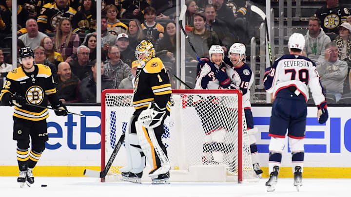 Nov 18, 2024; Boston, Massachusetts, USA;  Columbus Blue Jackets right wing Mathieu Olivier (24) reacts with center Adam Fantilli (19) after scoring a goal during the first period against the Boston Bruins at TD Garden. Mandatory Credit: Bob DeChiara-Imagn Images