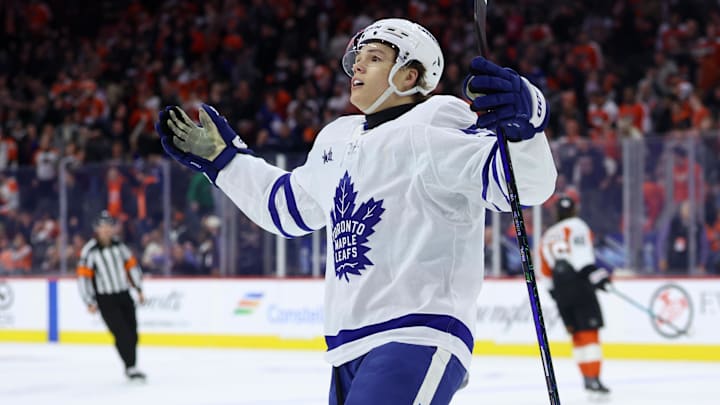 Jan 8, 2026; Philadelphia, Pennsylvania, USA; Toronto Maple Leafs right wing Easton Cowan (53) reacts after scoring the game winning goal against the Philadelphia Flyers during overtime at Xfinity Mobile Arena. Mandatory Credit: Bill Streicher-Imagn Images Jan 8, 2026; Philadelphia, Pennsylvania, USA; Toronto Maple Leafs right wing Easton Cowan (53) reacts after scoring the game winning goal against the Philadelphia Flyers during overtime at Xfinity Mobile Arena. Mandatory Credit: Bill Streicher-Imagn Images