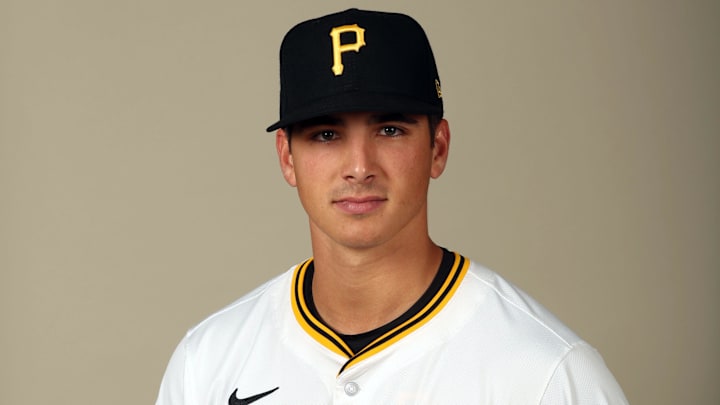 Feb 20, 2024; Bradenton, FL, USA;  Pittsburgh Pirates pitcher Thomas Harrington (78) poses for a photo during photo day at Pirate City. Mandatory Credit: Kim Klement Neitzel-Imagn Images