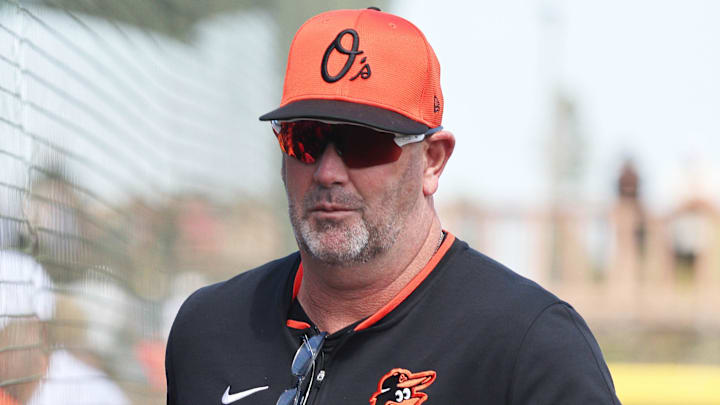 Feb 26, 2025; Bradenton, Florida, USA; Baltimore Orioles manager Brandon Hyde (18) before the game against the Pittsburgh Pirates at LECOM Park