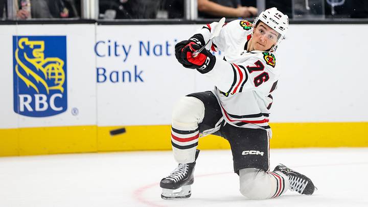 Sep 29, 2026; Las Vegas, Nevada, USA;  Chicago Blackhawks left wing Nick Lardis (76) warms up before the game against the Vegas Golden Knights at T-Mobile Arena. Mandatory Credit: Christopher Trim-Imagn Images