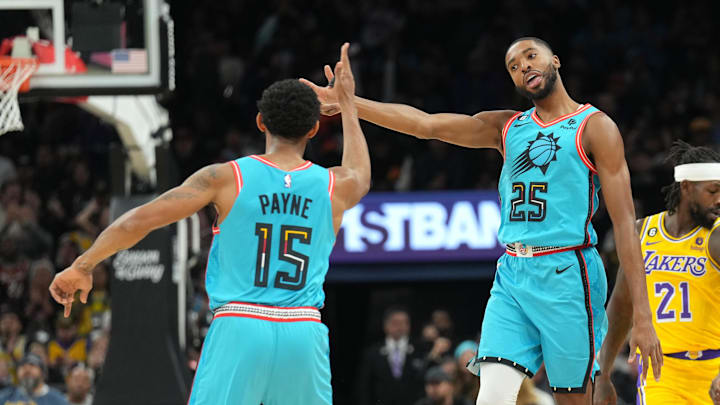 Nov 22, 2022; Phoenix, Arizona, USA; Phoenix Suns forward Mikal Bridges (25) celebrates a basket with Phoenix Suns guard Cameron Payne (15) against the Los Angeles Lakers during the first half at Footprint Center. Mandatory Credit: Joe Camporeale-Imagn Images Nov 22, 2022; Phoenix, Arizona, USA; Phoenix Suns forward Mikal Bridges (25) celebrates a basket with Phoenix Suns guard Cameron Payne (15) against the Los Angeles Lakers during the first half at Footprint Center. Mandatory Credit: Joe Camporeale-Imagn Images