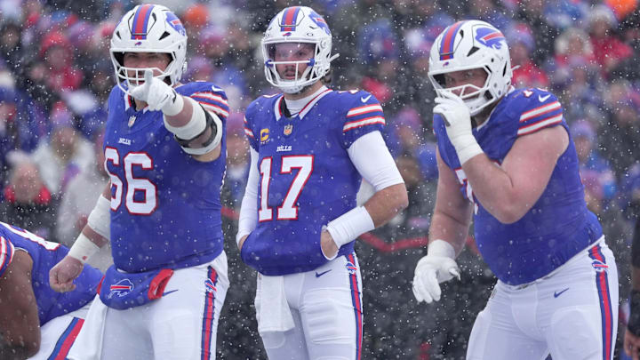 Buffalo Bills center Connor McGovern, Buffalo Bills quarterback Josh Allen and Buffalo Bills guard David Edwards get ready to line up during first half action at Highmark Stadium in Orchard Park on Dec. 7, 2025. Buffalo Bills center Connor McGovern, Buffalo Bills quarterback Josh Allen and Buffalo Bills guard David Edwards get ready to line up during first half action at Highmark Stadium in Orchard Park on Dec. 7, 2025.
