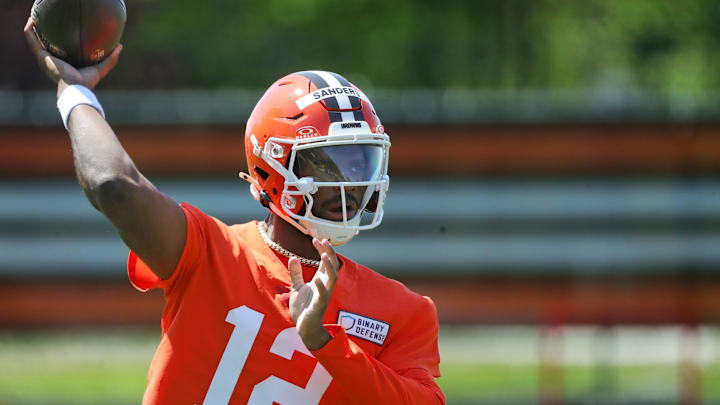 Cleveland Browns quarterback Shedeur Sanders (12) throws during day two of NFL rookie minicamp at the Cleveland Browns training facility on Saturday, May 10, 2025, in Berea, Ohio.
