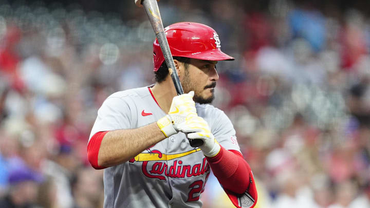 Jul 22, 2025; Denver, Colorado, USA; St. Louis Cardinals third baseman Nolan Arenado (28) on deck in the first inning against the Colorado Rockies at Coors Field. Mandatory Credit: Ron Chenoy-Imagn Images