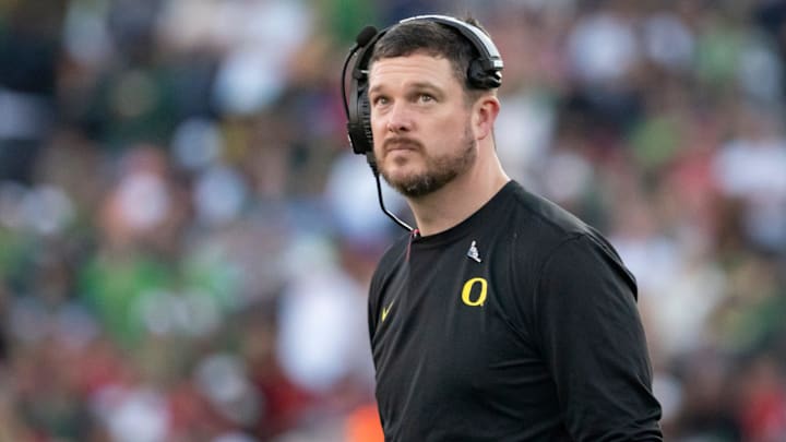 Oregon head coach Dan Lanning looks to the clock towards the end of the first half as the Oregon Ducks face the Ohio State Buckeyes Wednesday, Jan. 1, 2025, in the quarterfinal of the College Football Playoff at the Rose Bowl in Pasadena, Calif. Oregon head coach Dan Lanning looks to the clock towards the end of the first half as the Oregon Ducks face the Ohio State Buckeyes Wednesday, Jan. 1, 2025, in the quarterfinal of the College Football Playoff at the Rose Bowl in Pasadena, Calif.