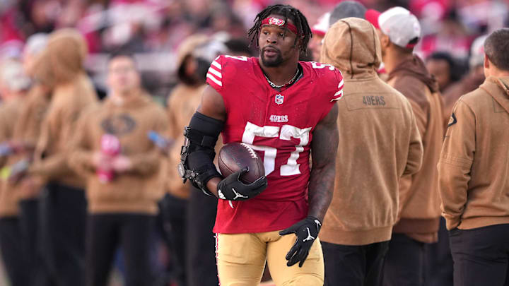 Nov 19, 2023; Santa Clara, California, USA; San Francisco 49ers linebacker Dre Greenlaw (57) during the third quarter against the Tampa Bay Buccaneers at Levi's Stadium. Mandatory Credit: Darren Yamashita-Imagn Images
