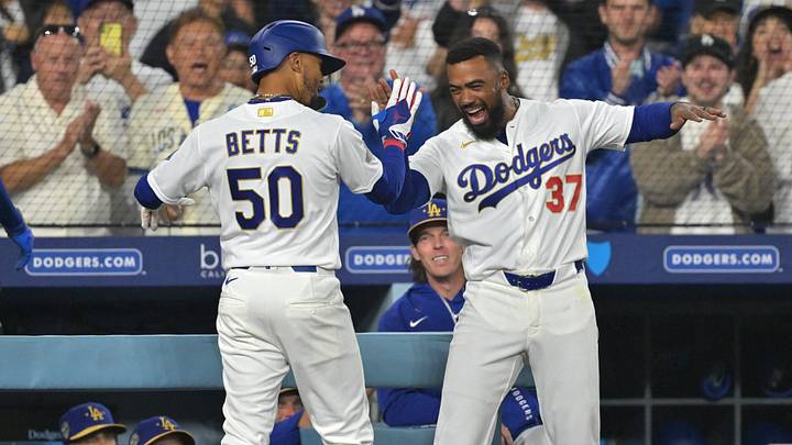 Mar 27, 2026; Los Angeles, California, USA; Los Angeles Dodgers shortstop Mookie Betts (50) celebrates with right fielder Teoscar Hernández (37) after hitting a three run home run against the Arizona Diamondbacks in the third inning at Dodger Stadium. Mandatory Credit: Jayne Kamin-Oncea-Imagn Images Mar 27, 2026; Los Angeles, California, USA; Los Angeles Dodgers shortstop Mookie Betts (50) celebrates with right fielder Teoscar Hernández (37) after hitting a three run home run against the Arizona Diamondbacks in the third inning at Dodger Stadium. Mandatory Credit: Jayne Kamin-Oncea-Imagn Images