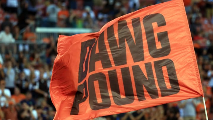 Aug 13, 2015; Cleveland, OH, USA; Dawg Pound flag after a touchdown during the first quarter of preseason NFL football game against the Washington Redskins at FirstEnergy Stadium. Mandatory Credit: Andrew Weber-USA TODAY Sports Aug 13, 2015; Cleveland, OH, USA; Dawg Pound flag after a touchdown during the first quarter of preseason NFL football game against the Washington Redskins at FirstEnergy Stadium. Mandatory Credit: Andrew Weber-USA TODAY Sports