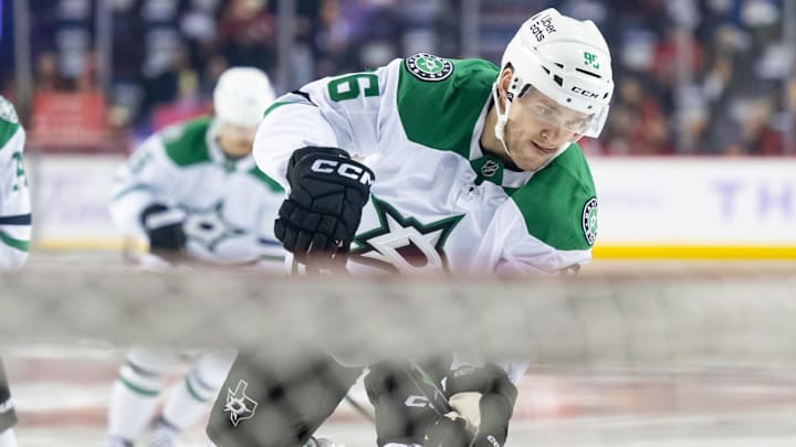 Nov 22, 2025; Calgary, Alberta, CAN; Dallas Stars right wing Mikko Rantanen (96) warms up before a game against the Calgary Flames at Scotiabank Saddledome. Mandatory Credit: Brett Holmes-Imagn Images